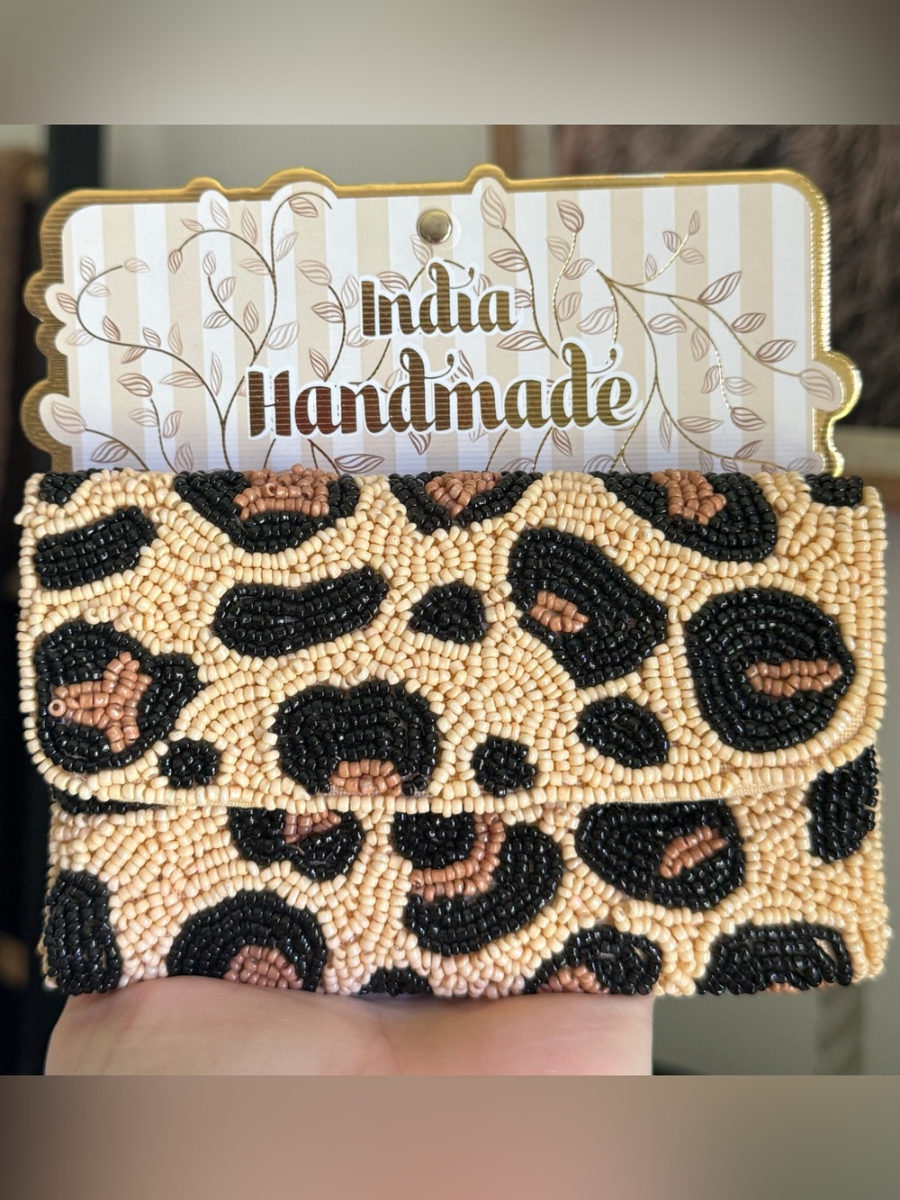 . India Handmade Viral Beaded Black Tan & Cream Leopard Print Clutch Wallet